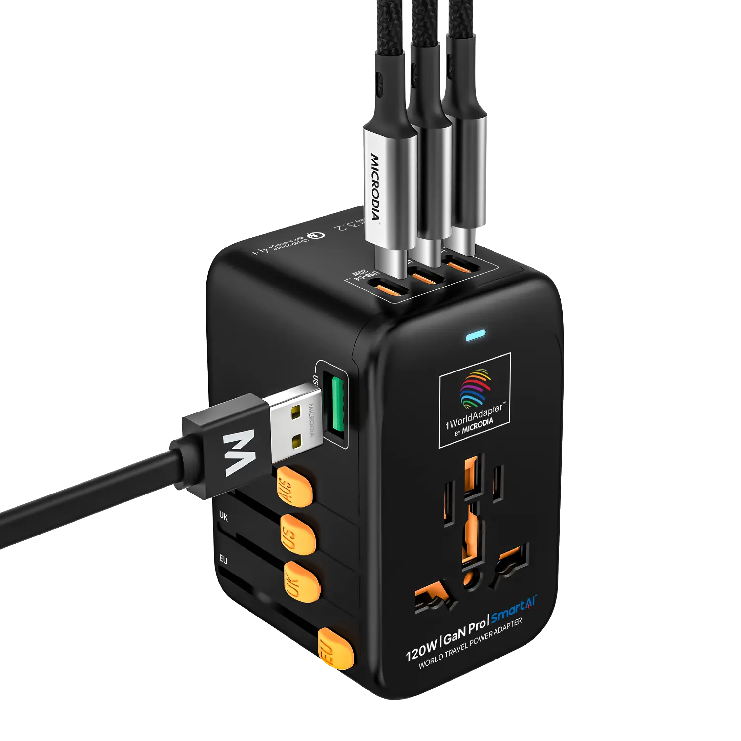 1WorldAdapter™ PD120W GaN Pro™ with 4 x USB-C PD3.2 & USB-A QC4+ PPS Fast Charging Microdia