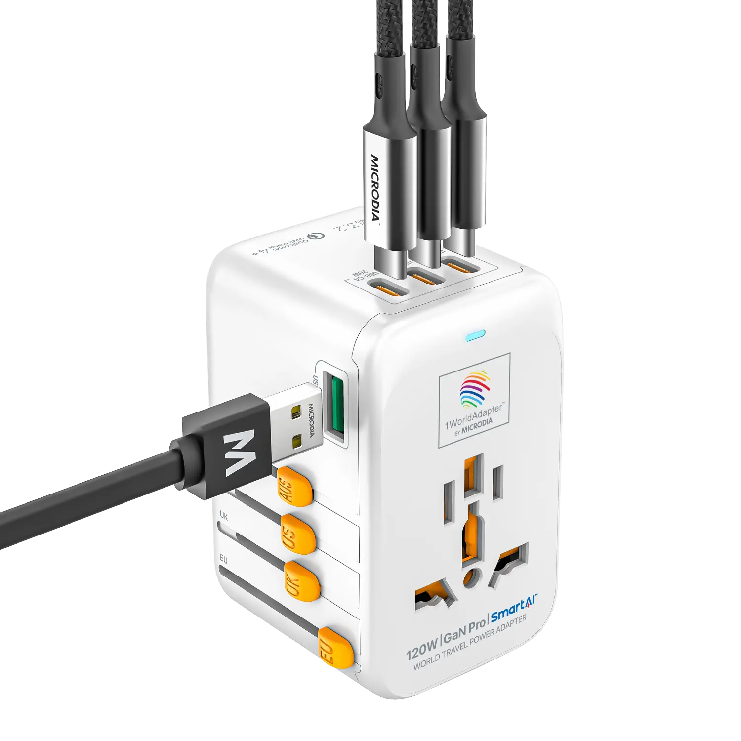 1WorldAdapter™ PD120W GaN Pro™ with 4 x USB-C PD3.2 & USB-A QC4+ PPS Fast Charging Microdia