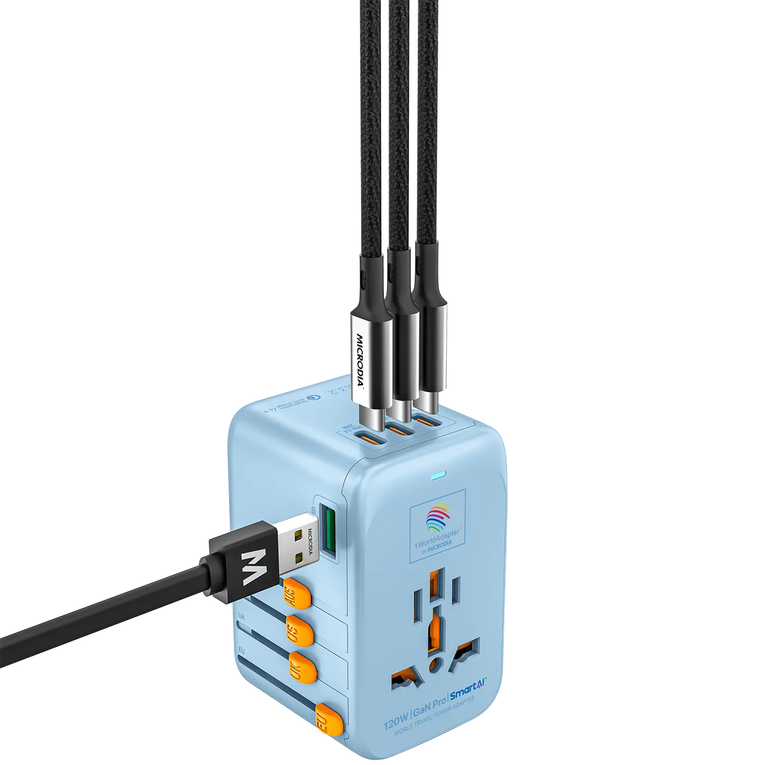 1WorldAdapter™ PD120W GaN Pro™ with 4 x USB-C PD3.2 & USB-A QC4+ PPS Fast Charging Microdia