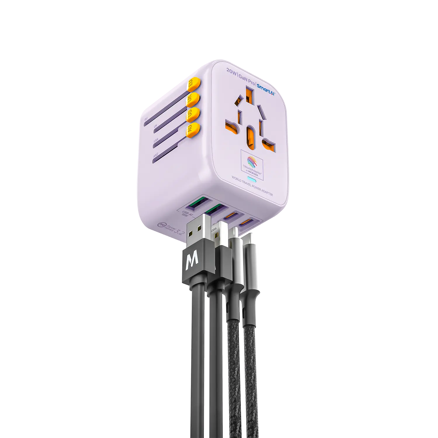 1WorldAdapter™ PD20W GaN Pro™ with 2 x USB-C PD3.2 & 2x USB-A QC4+ PPS Fast Charging Microdia