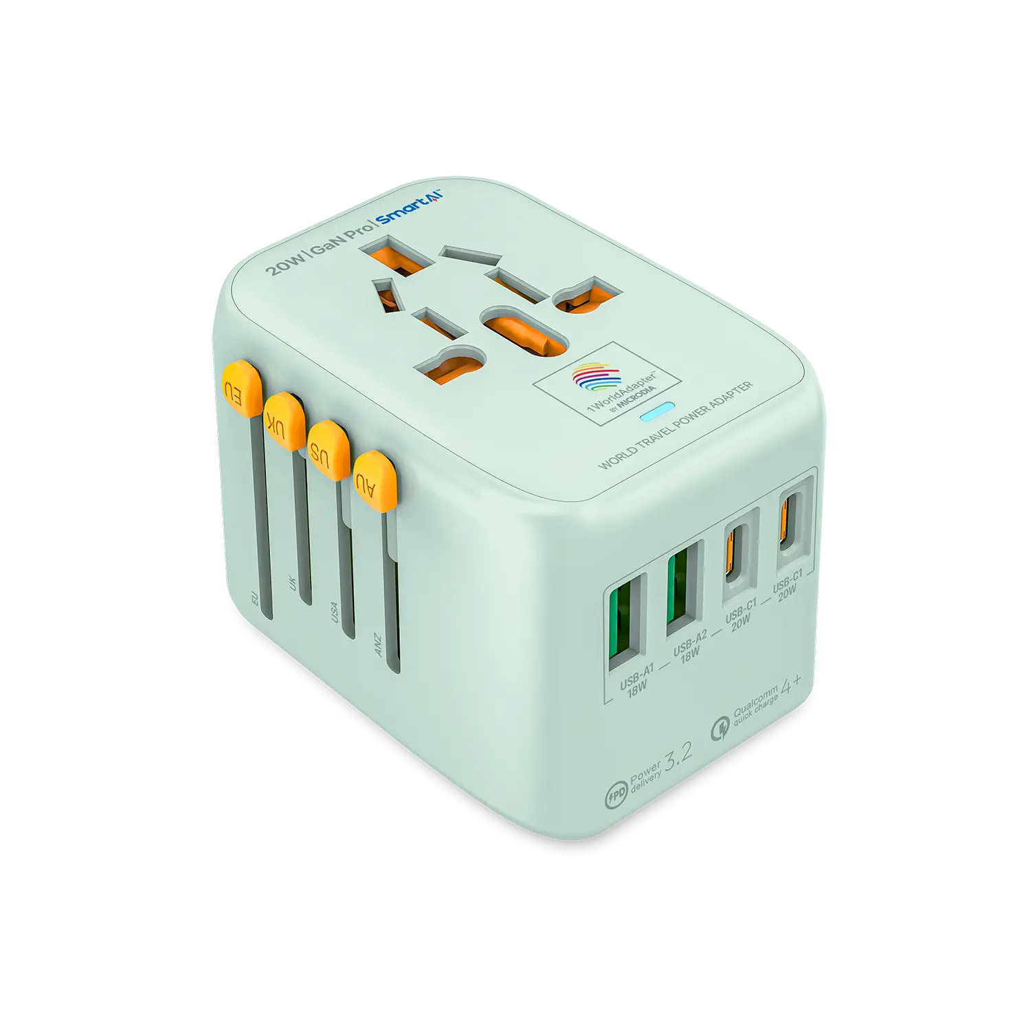 1WorldAdapter™ PD20W GaN Pro™ with 2 x USB-C PD3.2 & 2x USB-A QC4+ PPS Fast Charging Microdia