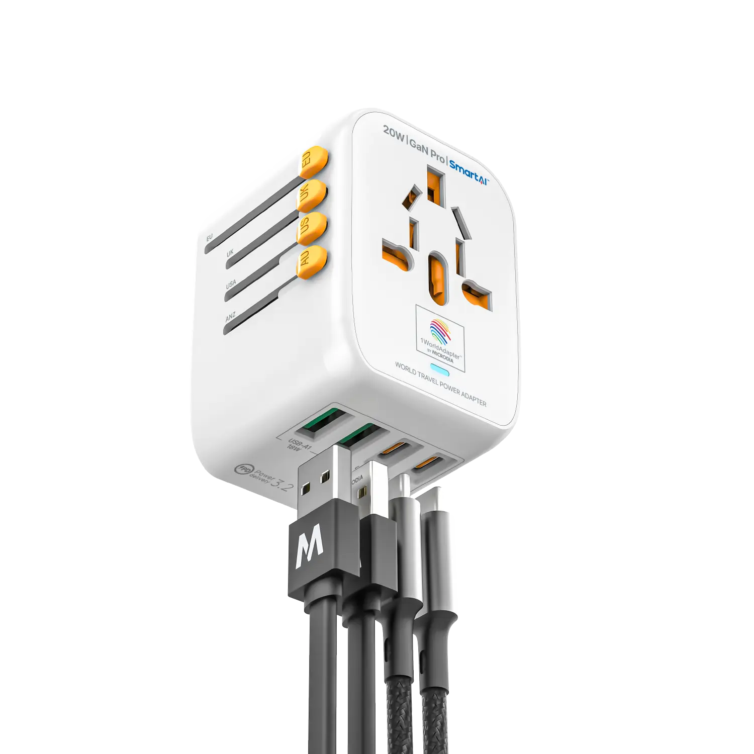 1WorldAdapter™ PD20W GaN Pro™ with 2 x USB-C PD3.2 & 2x USB-A QC4+ PPS Fast Charging Microdia