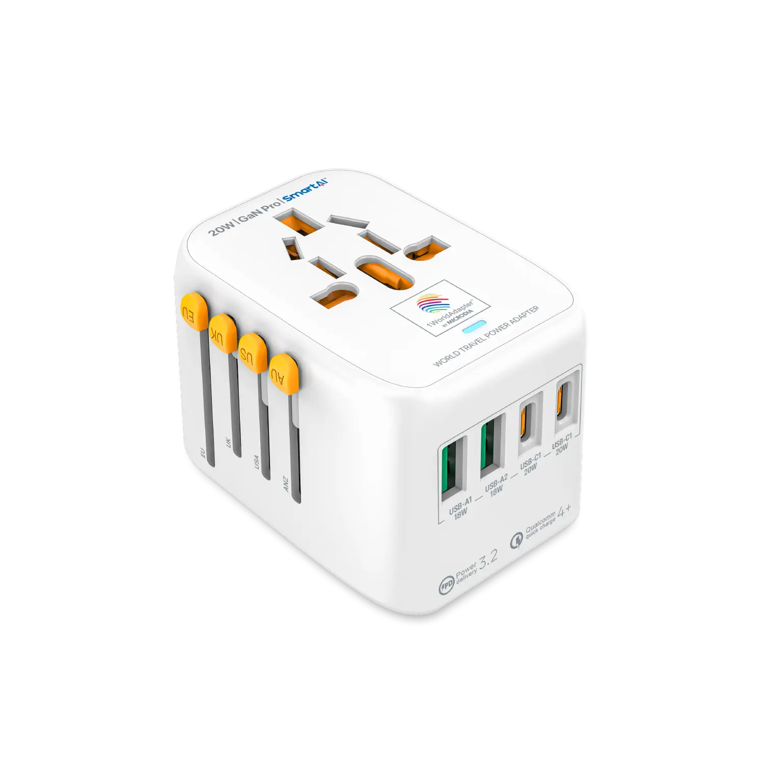 1WorldAdapter™ PD20W GaN Pro™ with 2 x USB-C PD3.2 & 2x USB-A QC4+ PPS Fast Charging Microdia