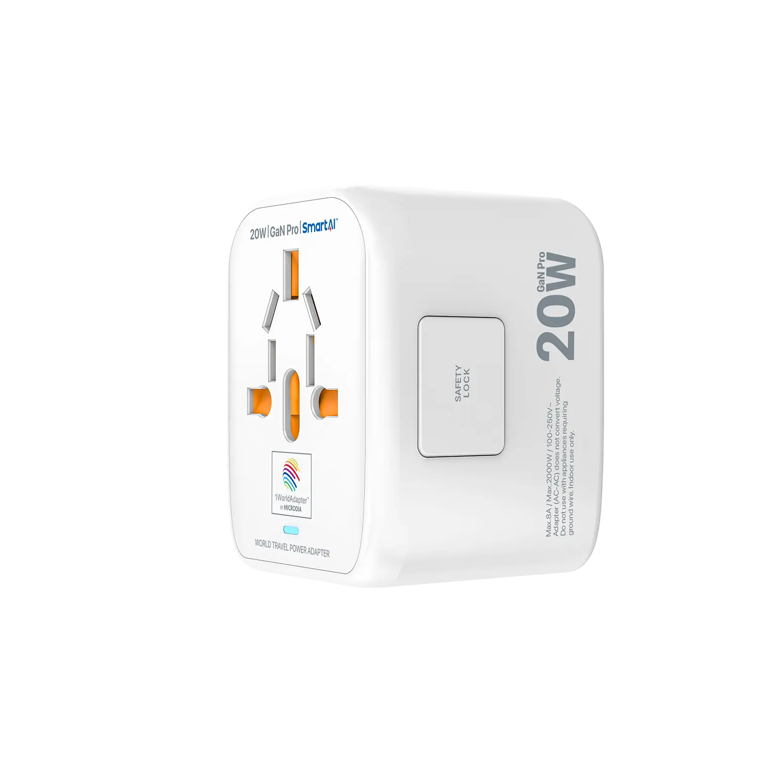 1WorldAdapter™ PD20W GaN Pro™ with 2 x USB-C PD3.2 & 2x USB-A QC4+ PPS Fast Charging Microdia