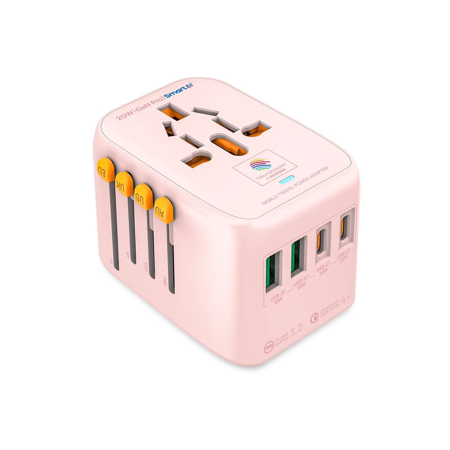 1WorldAdapter™ PD20W GaN Pro™ with 2 x USB-C PD3.2 & 2x USB-A QC4+ PPS Fast Charging Microdia