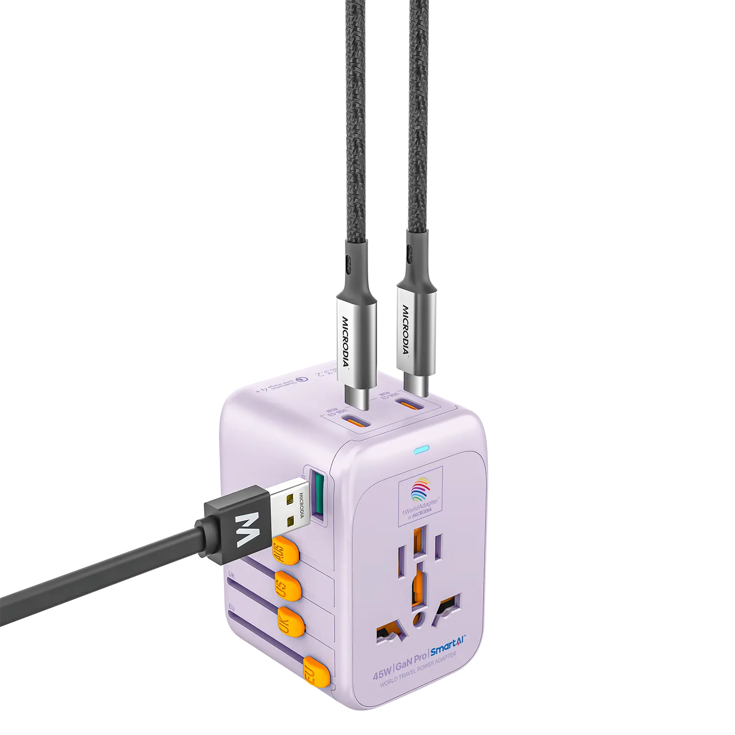 1WorldAdapter™ PD45W GaN Pro™ with 3 x USB-C PD3.2 & USB-A QC4+ PPS Fast Charging Microdia