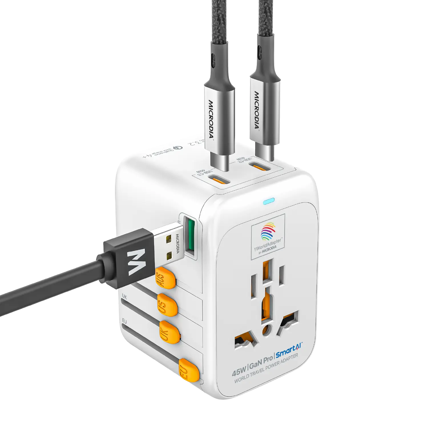 1WorldAdapter™ PD45W GaN Pro™ with 3 x USB-C PD3.2 & USB-A QC4+ PPS Fast Charging Microdia