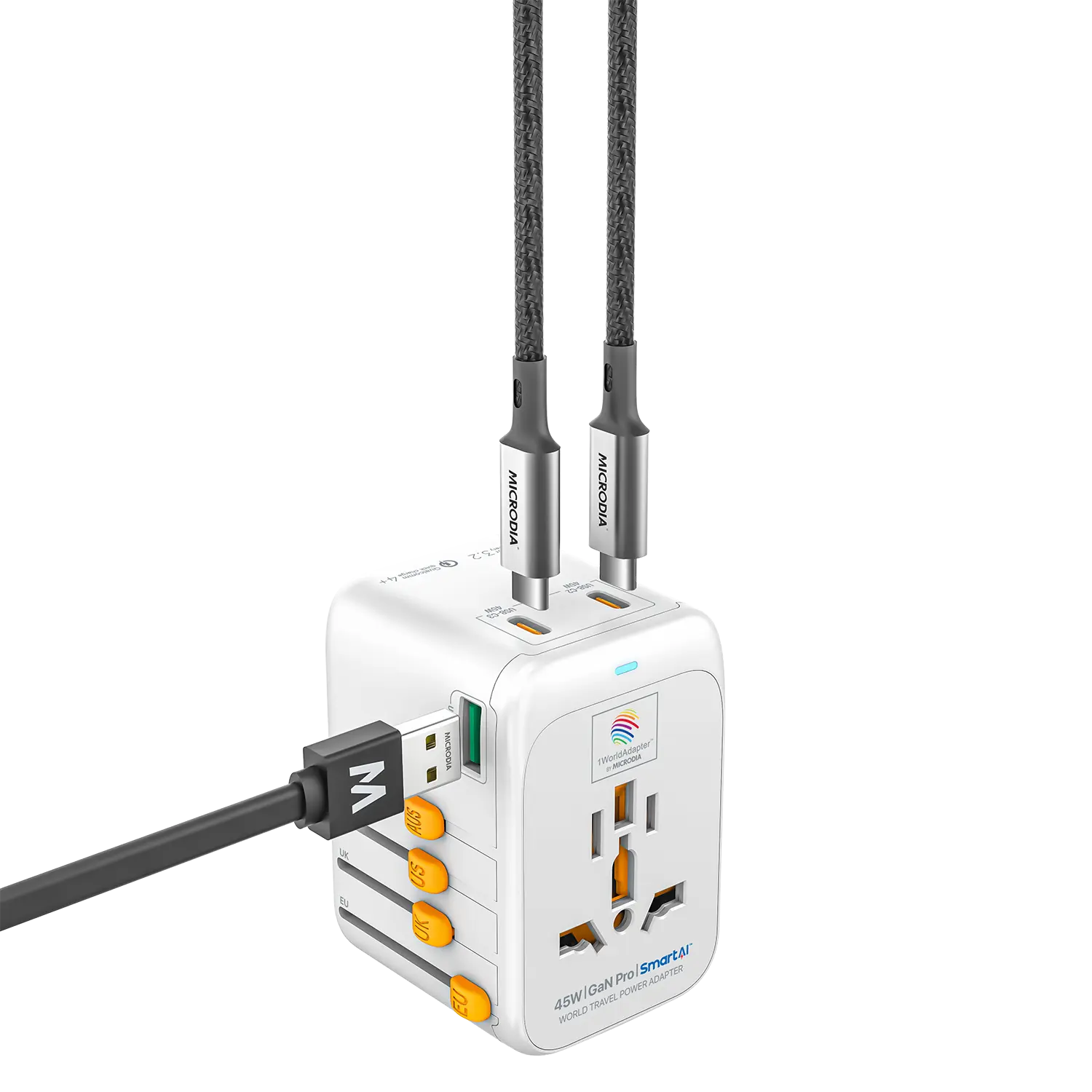 1WorldAdapter™ PD45W GaN Pro™ with 3 x USB-C PD3.2 & USB-A QC4+ PPS Fast Charging Microdia