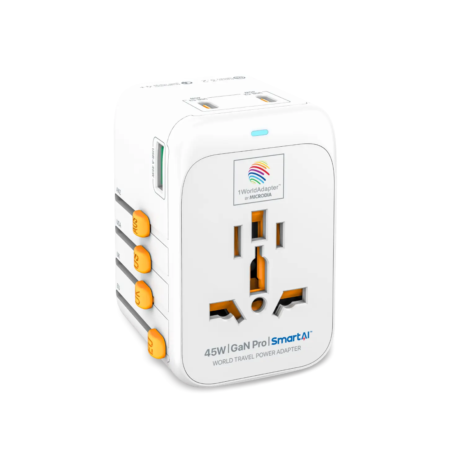 1WorldAdapter™ PD45W GaN Pro™ with 3 x USB-C PD3.2 & USB-A QC4+ PPS Fast Charging Microdia