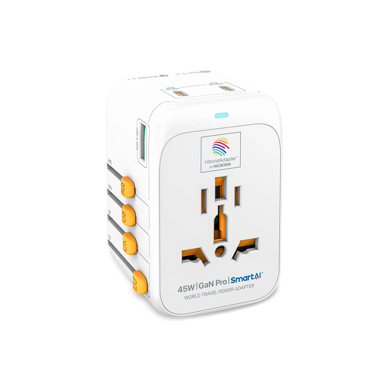 1WorldAdapter™ PD45W GaN Pro™ with 3 x USB-C PD3.2 & USB-A QC4+ PPS Fast Charging Microdia