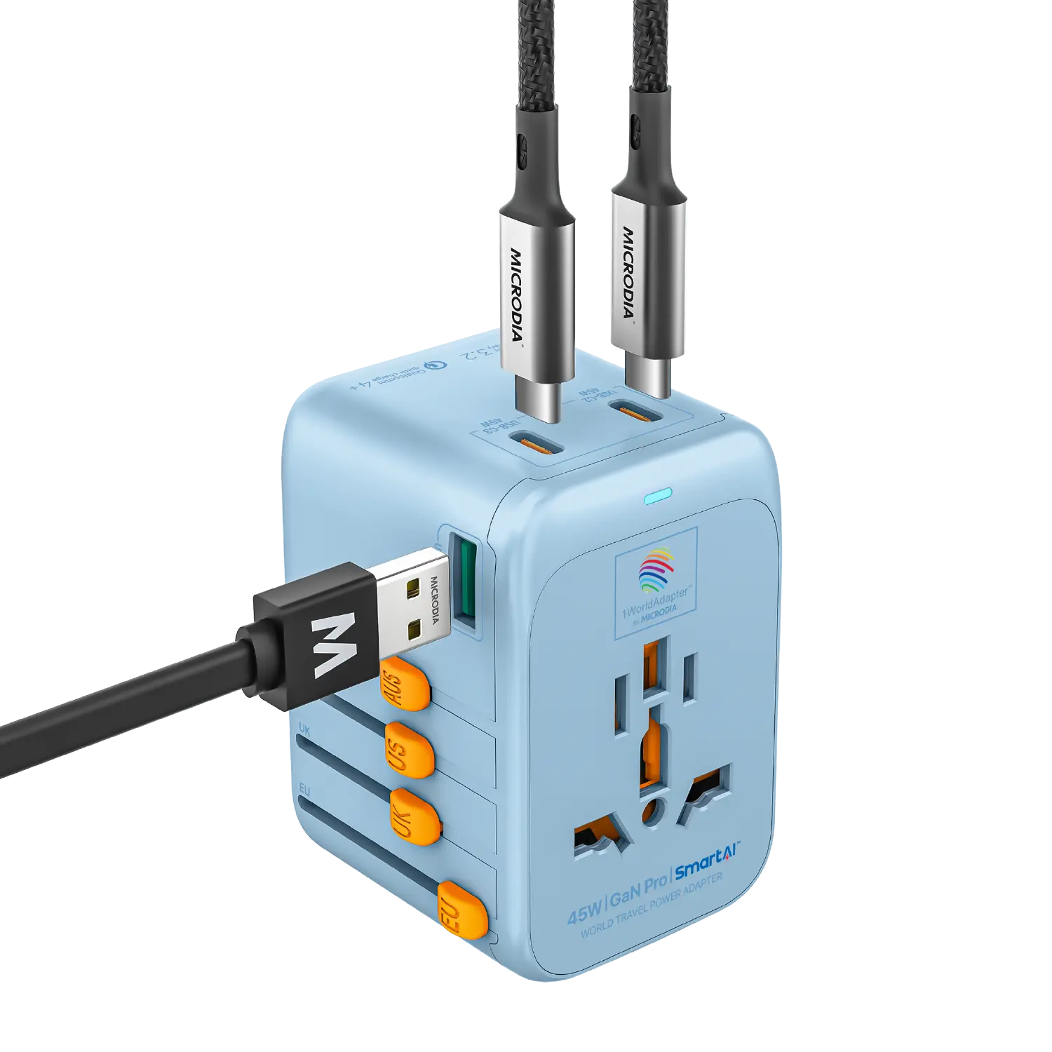 1WorldAdapter™ PD45W GaN Pro™ with 3 x USB-C PD3.2 & USB-A QC4+ PPS Fast Charging Microdia