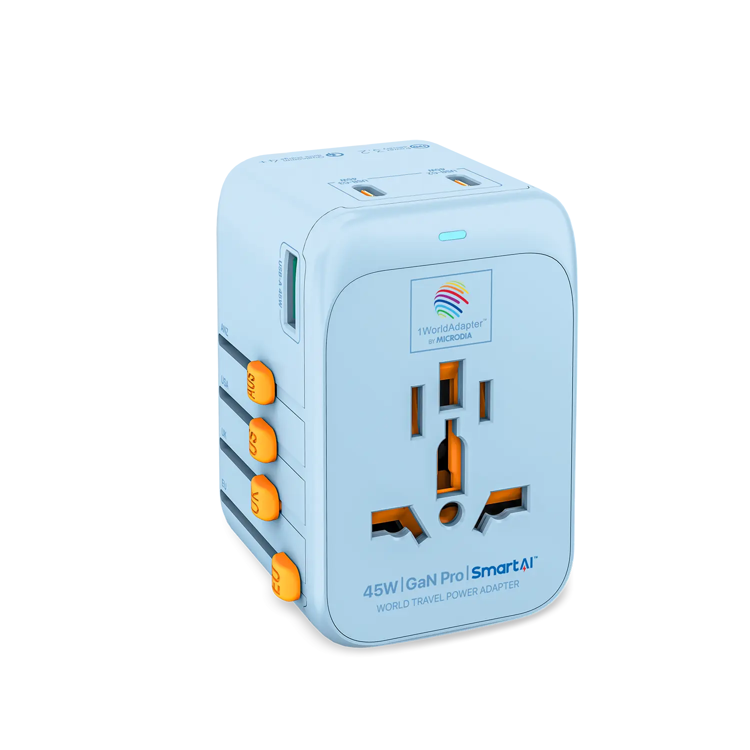 1WorldAdapter™ PD45W GaN Pro™ with 3 x USB-C PD3.2 & USB-A QC4+ PPS Fast Charging Microdia