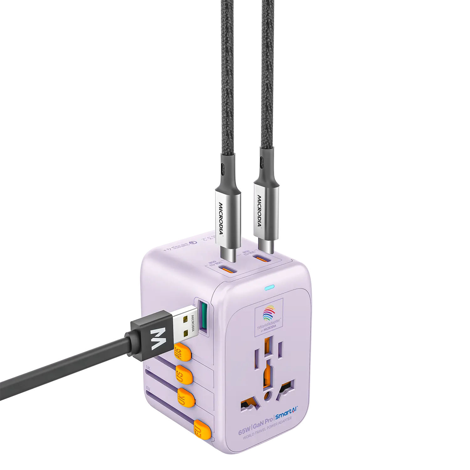 1WorldAdapter™ PD65W GaN Pro™ with 3 x USB-C PD3.2 & USB-A QC4+ PPS Fast Charging Microdia