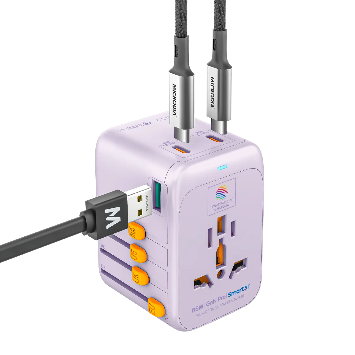 1WorldAdapter™ PD65W GaN Pro™ with 3 x USB-C PD3.2 & USB-A QC4+ PPS Fast Charging Microdia