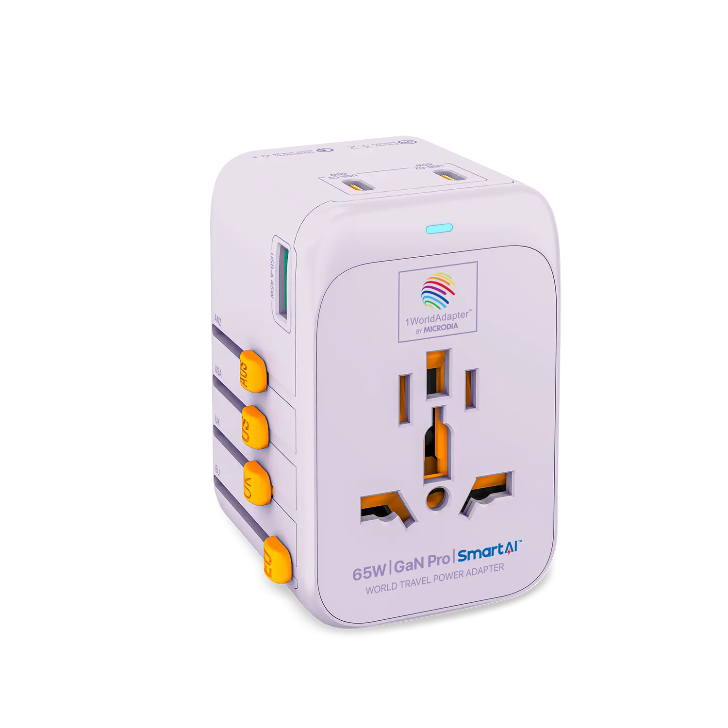 1WorldAdapter™ PD65W GaN Pro™ with 3 x USB-C PD3.2 & USB-A QC4+ PPS Fast Charging Microdia