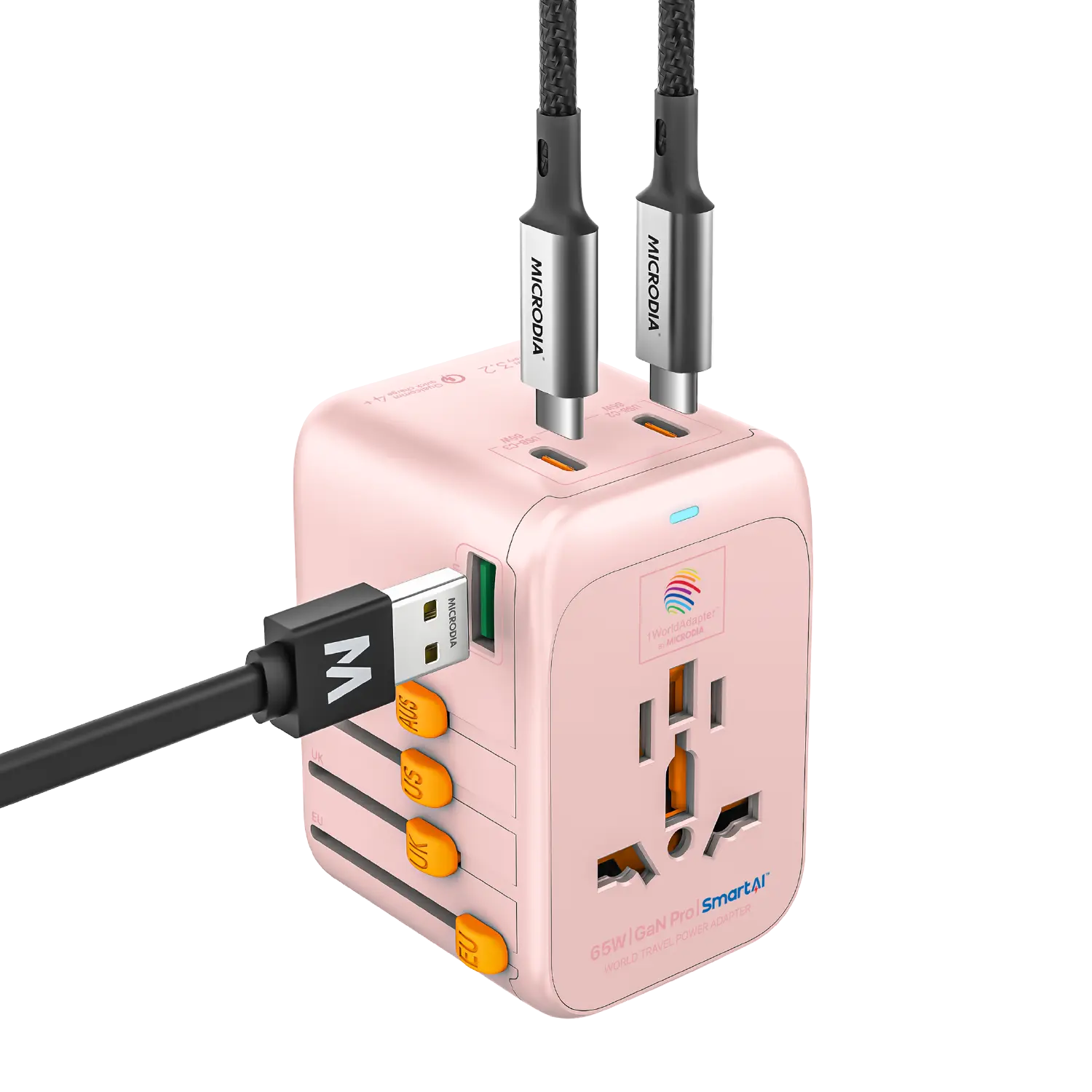 1WorldAdapter™ PD65W GaN Pro™ with 3 x USB-C PD3.2 & USB-A QC4+ PPS Fast Charging Microdia