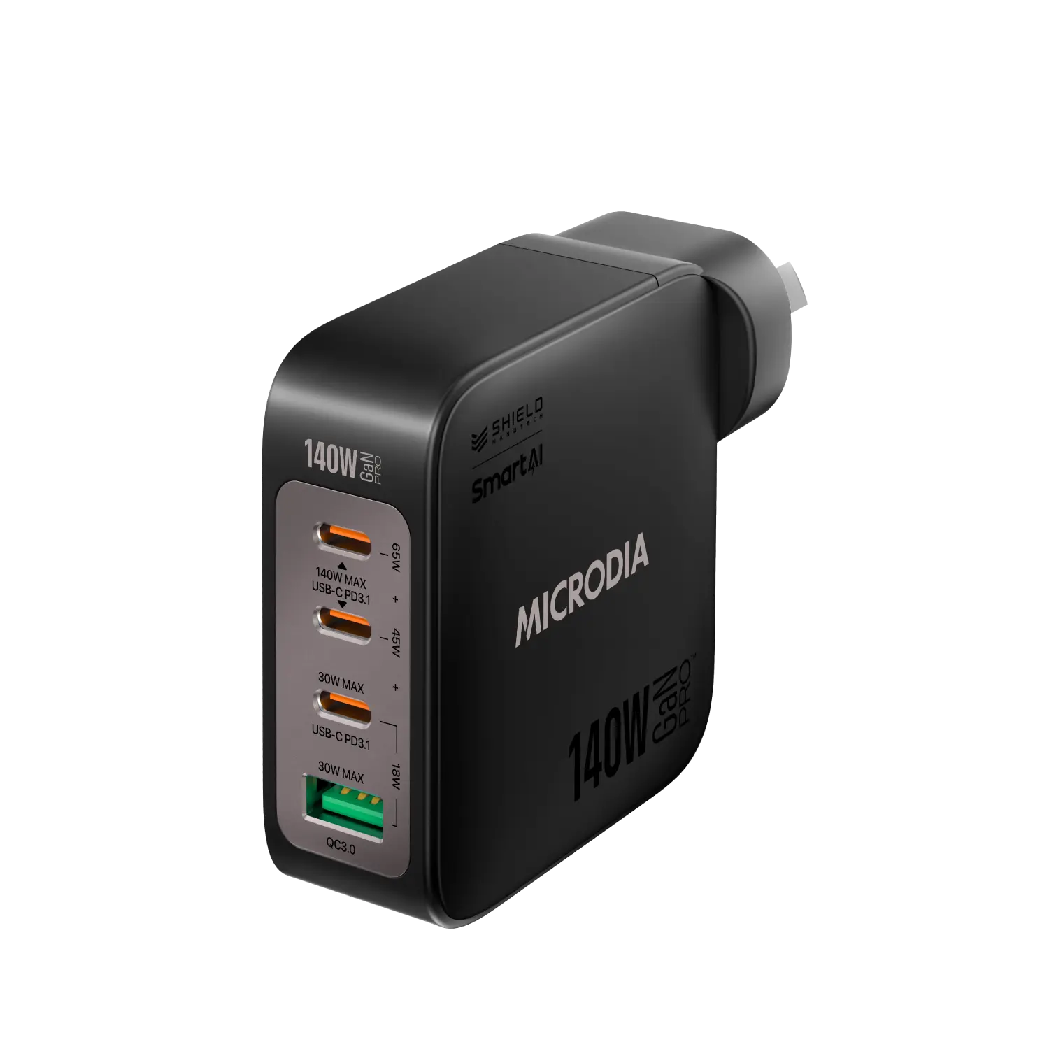 MICRODIA SMARTCube™ Nano 140W, GaN Pro Wall Charger, 4-Port, USB-C PD3.1 + USB-A QC3.0 Microdia