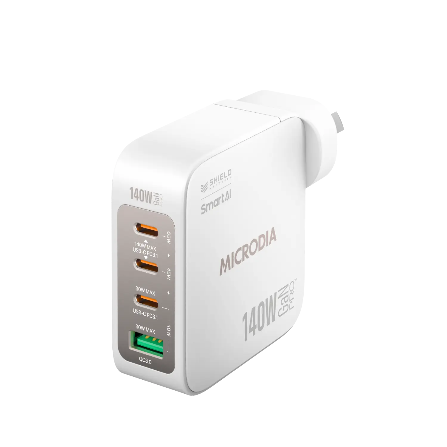 MICRODIA SMARTCube™ Nano 140W, GaN Pro Wall Charger, 4-Port, USB-C PD3.1 + USB-A QC3.0 Microdia