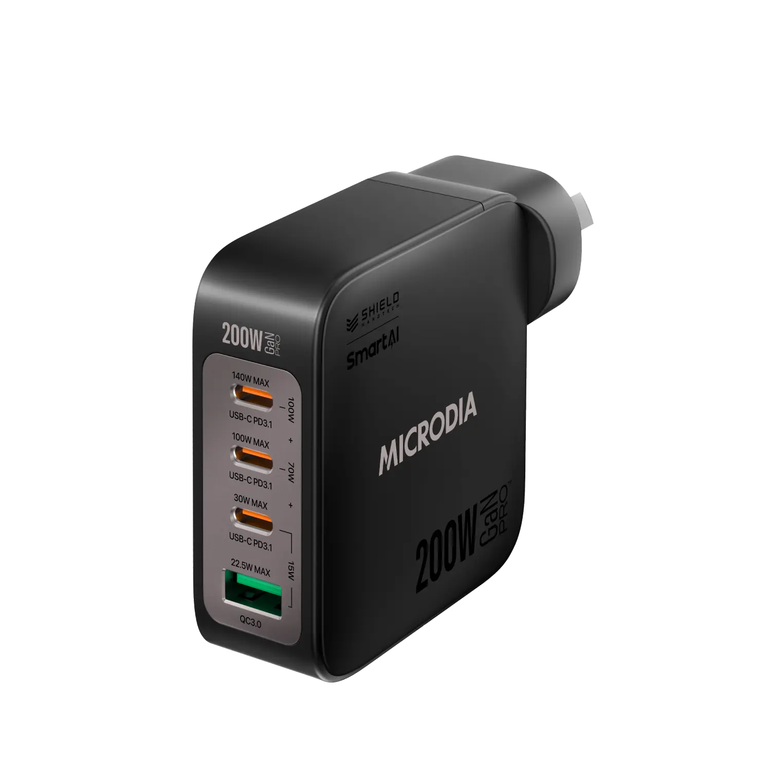 MICRODIA SMARTCube™ Nano 200W,GaN Pro Wall Charger, 4-Port,USB-C PD3.1 + USB-A QC3.0 Microdia