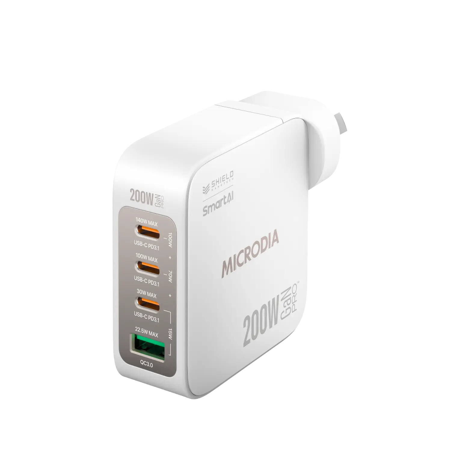 MICRODIA SMARTCube™ Nano 200W,GaN Pro Wall Charger, 4-Port,USB-C PD3.1 + USB-A QC3.0 Microdia