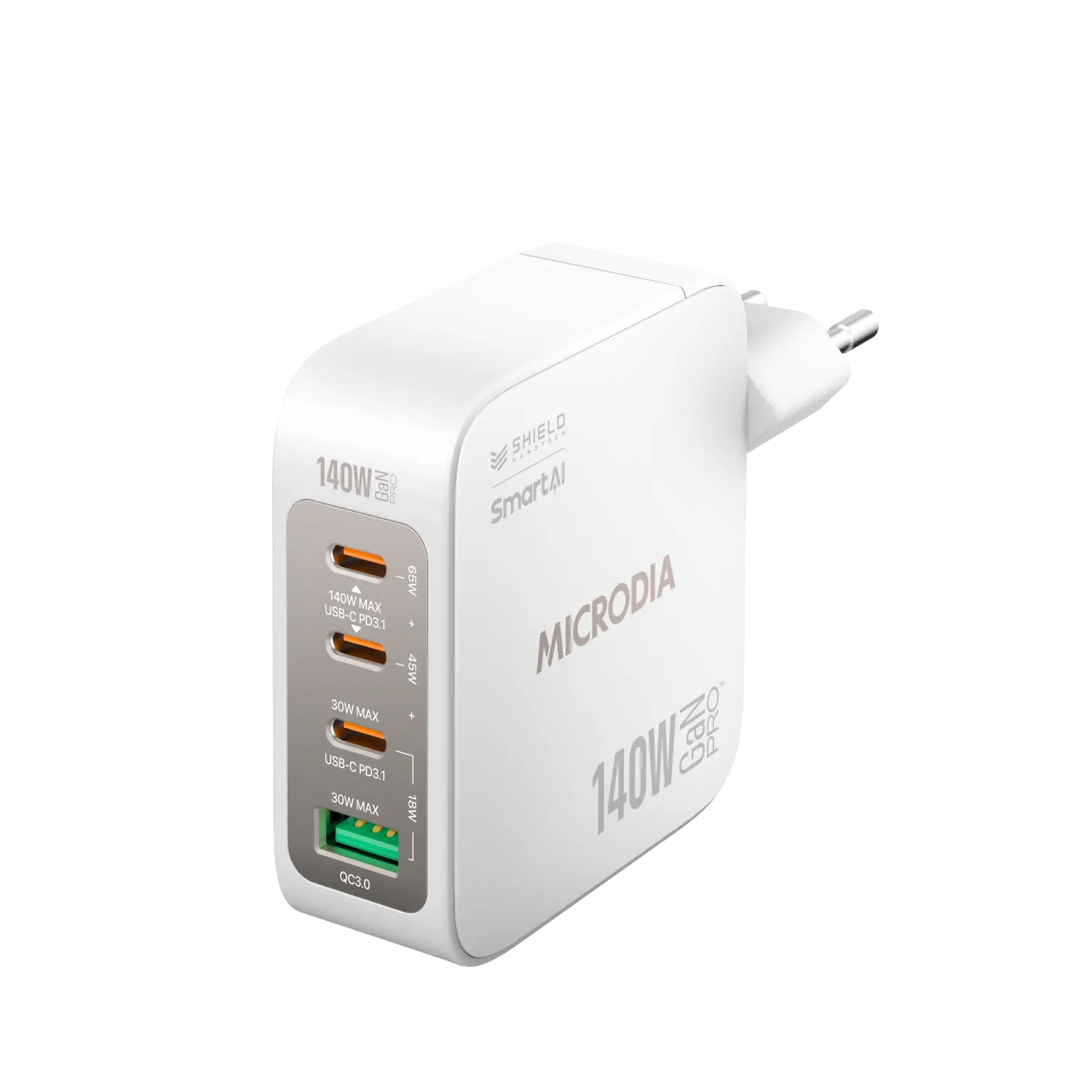 MICRODIA SMARTCube™ Nano 140W, GaN Pro Wall Charger, 4-Port, USB-C PD3.1 + USB-A QC3.0 Microdia