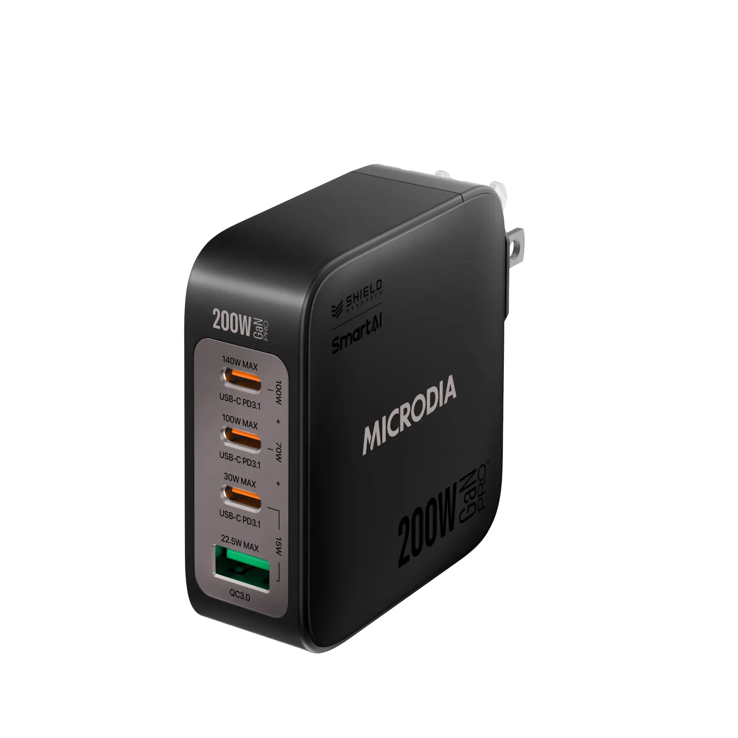 MICRODIA SMARTCube™ Nano 200W,GaN Pro Wall Charger, 4-Port,USB-C PD3.1 + USB-A QC3.0 Microdia