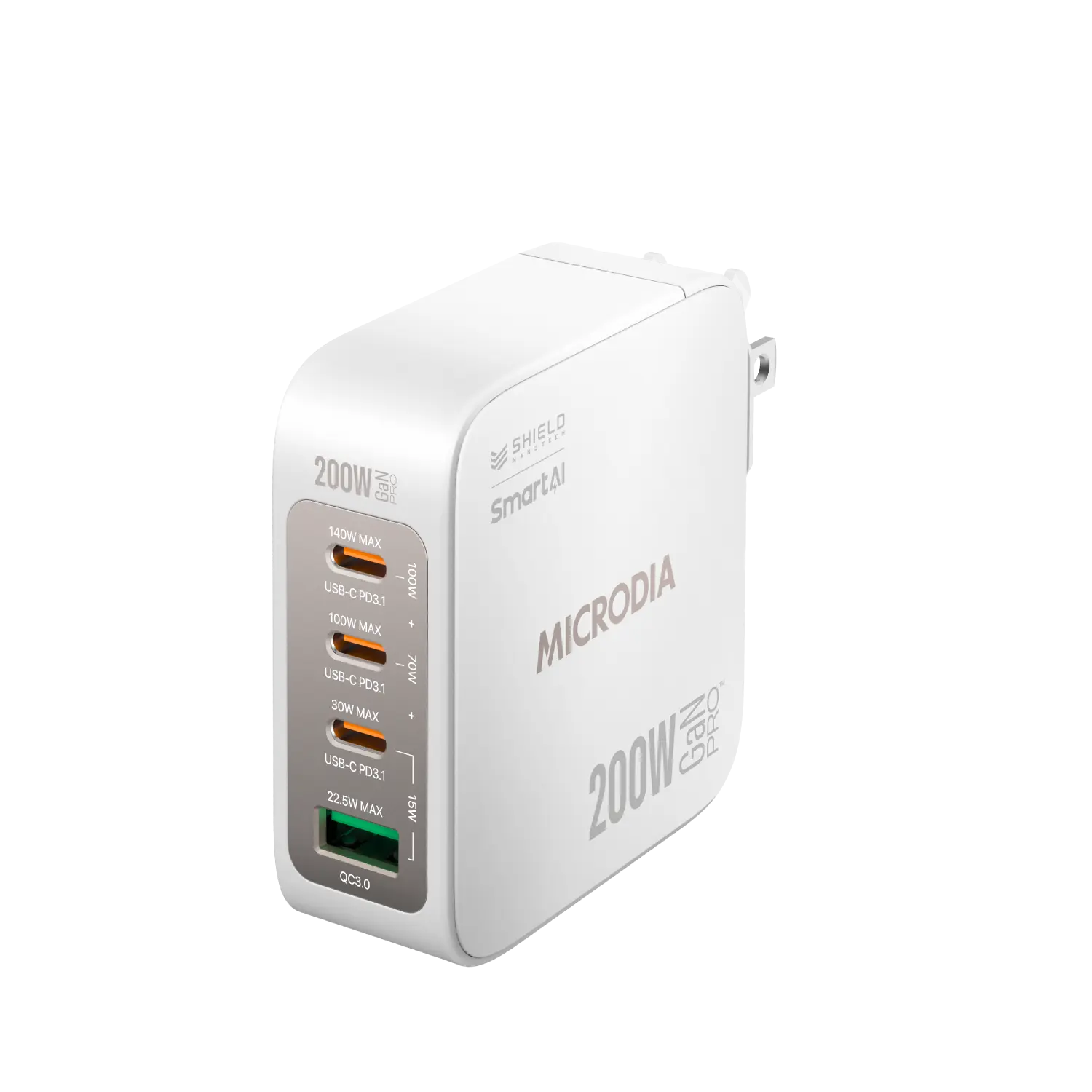 MICRODIA SMARTCube™ Nano 200W,GaN Pro Wall Charger, 4-Port,USB-C PD3.1 + USB-A QC3.0 Microdia